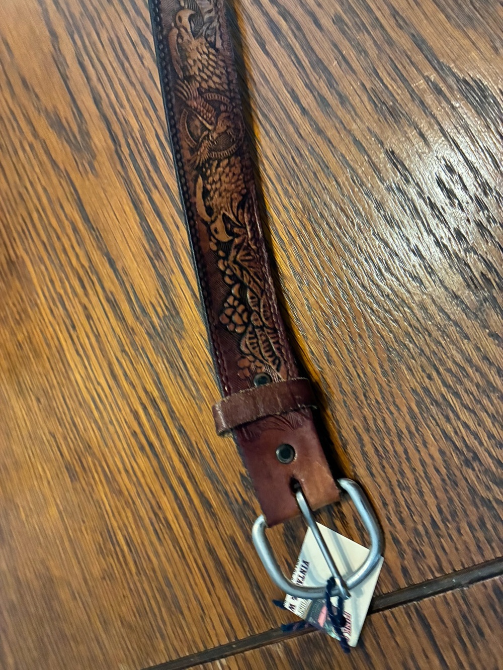 Men's Embossed Leather Belt in Brown with Silver Buckle